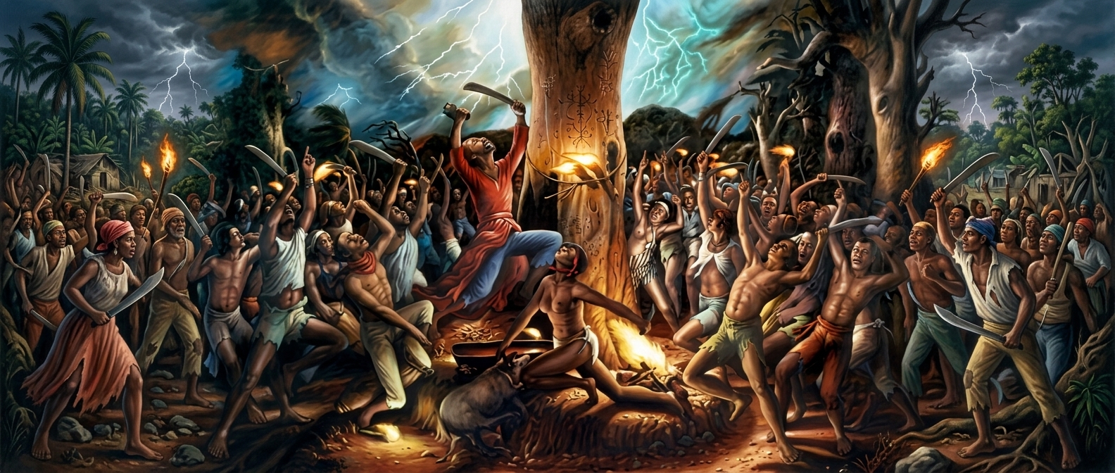 Le serment de Bwa Kayiman autour de l'arbre sacré, machettes levées