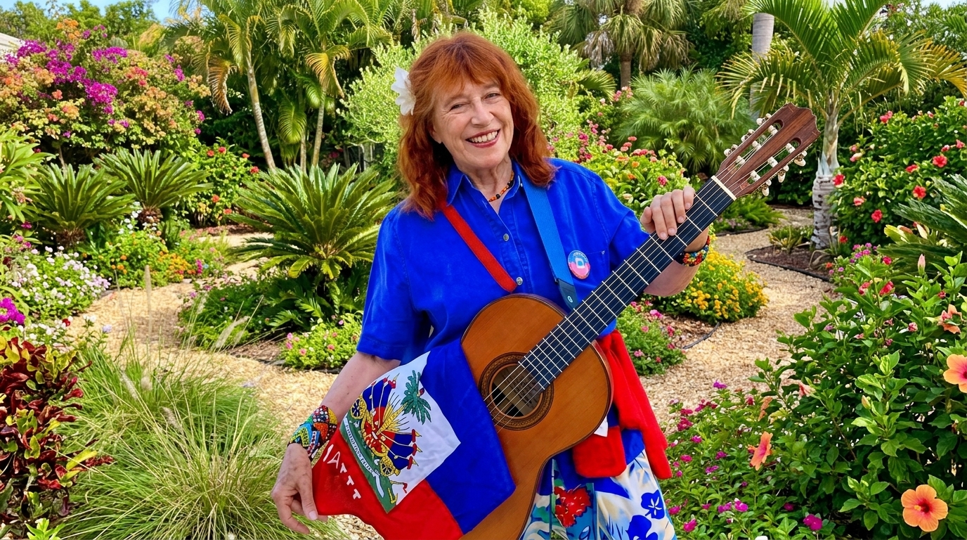 Ticorn portant le drapeau haïtien, guitare à la main